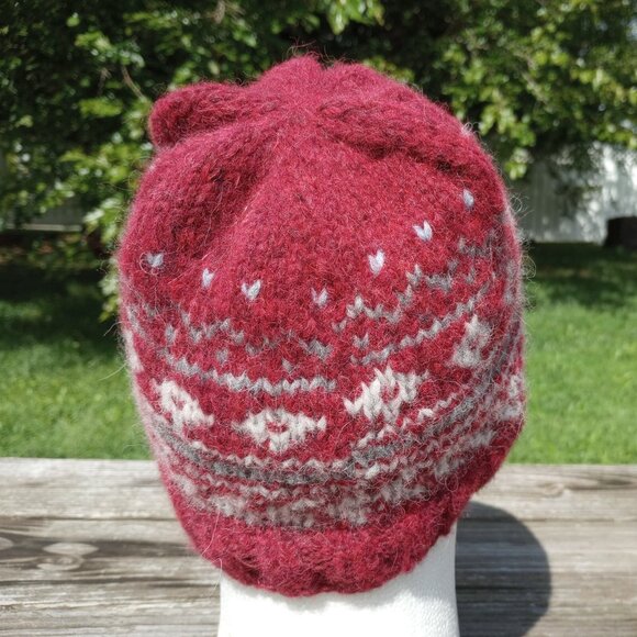 Men's Alpaca Fair Isle Wool Beanie Hat Hand Knit Red Winter Nordic Women's - Picture 4 of 9